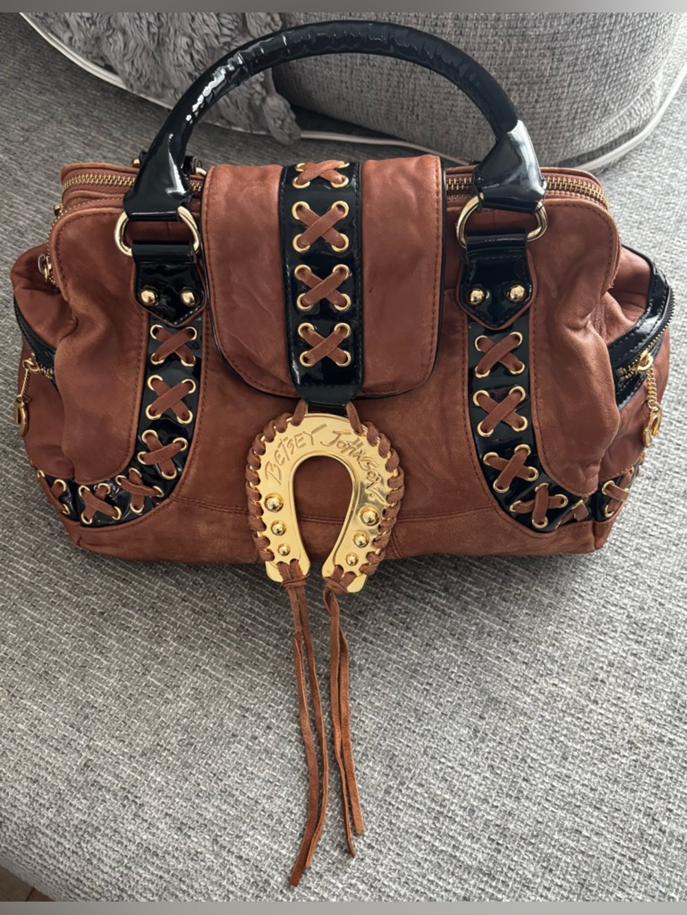 Rare Vintage Betsey Johnson "Lux" Leather Horseshoe Satchel Y2K